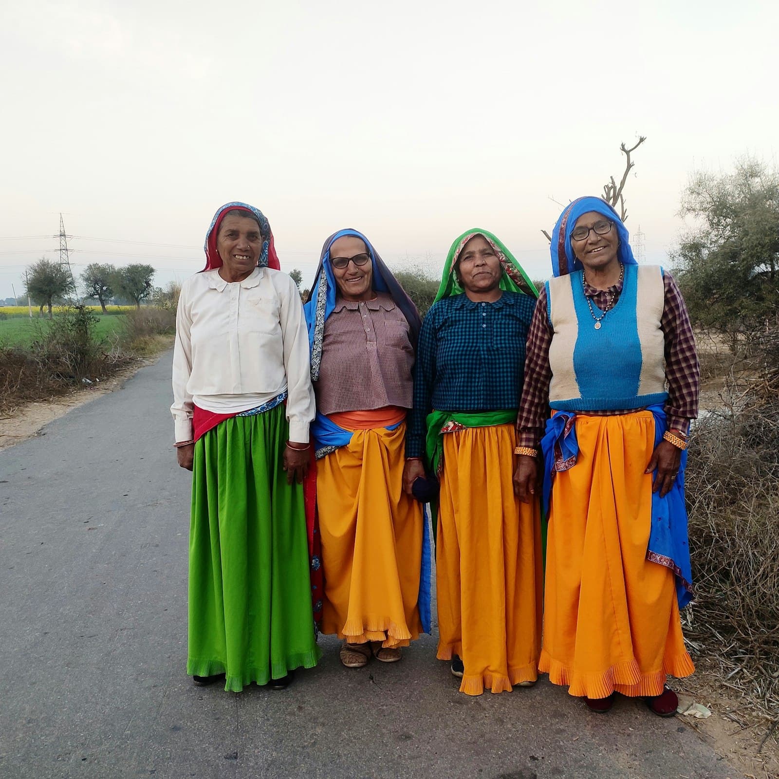 पारंपरिक पोशाक में साथ खड़ी चार महिलाएँ